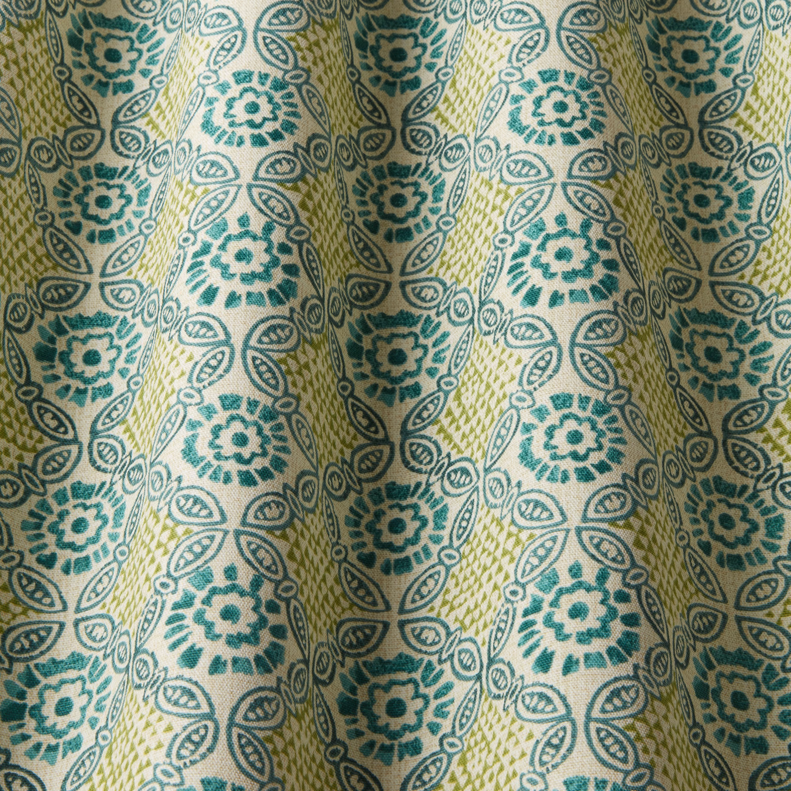 Teal floral cotton fabric with opal ground and leaf motif