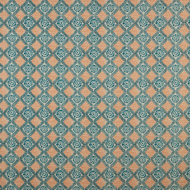 Seafoam teal floral lattice print on a coral cotton ground