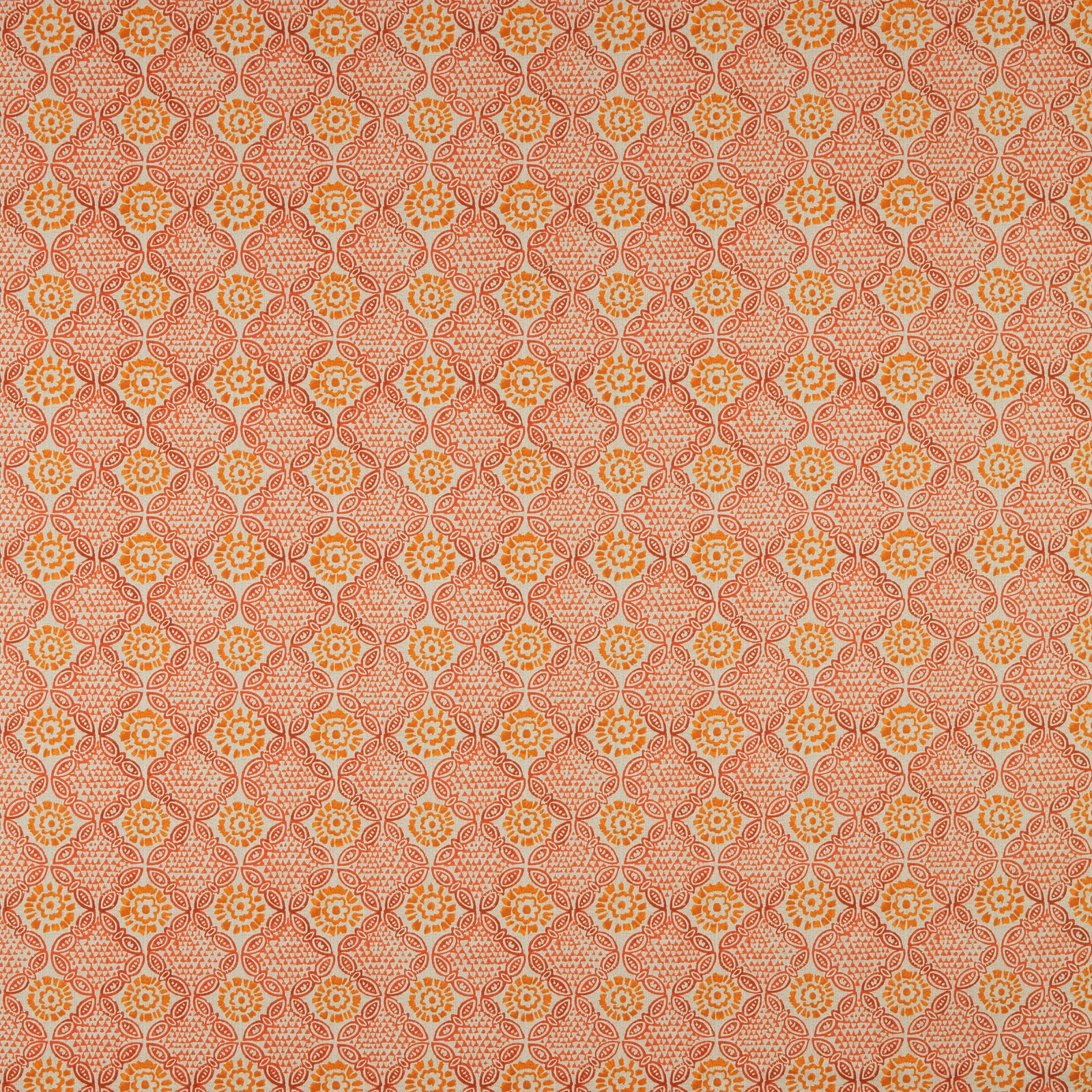 Coral and cream geometric floral cotton swatch with small orange accents