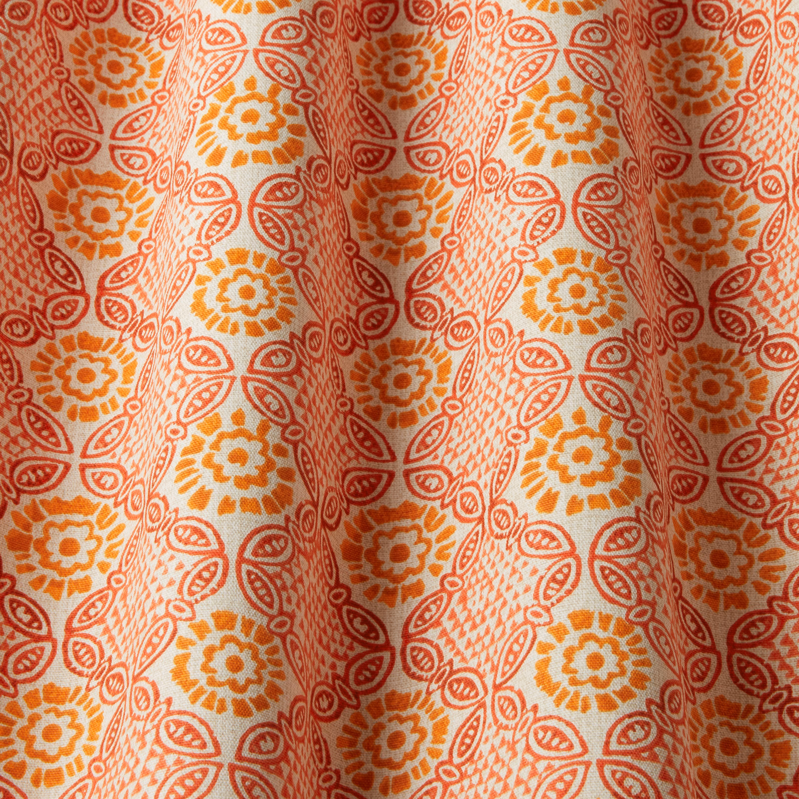 Coral and tangerine floral stripe cotton fabric on a cream ground
