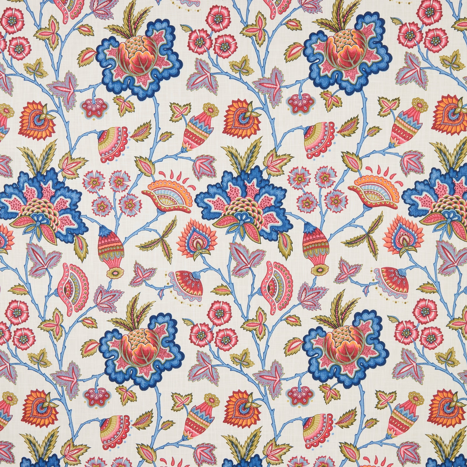 Cream cotton fabric with large folk-floral motifs in hot pink, blue and coral