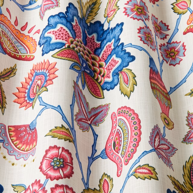 Ivory cotton fabric with large pink and blue floral paisley print