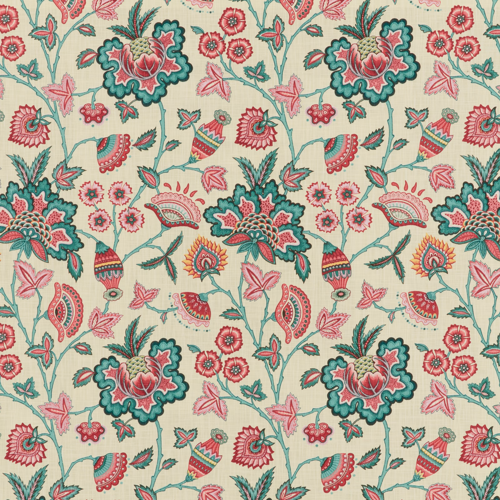 Cream cotton fabric with large malachite, pink and red floral motifs