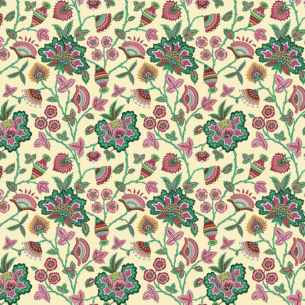 Cream cotton fabric with large green and pink botanical floral print