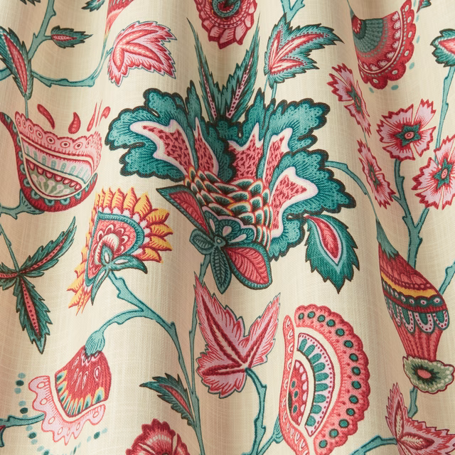 Cream cotton fabric with teal, pink and coral wavy floral print
