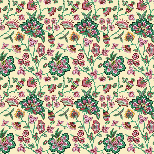 Cream cotton fabric with large green and pink botanical floral print