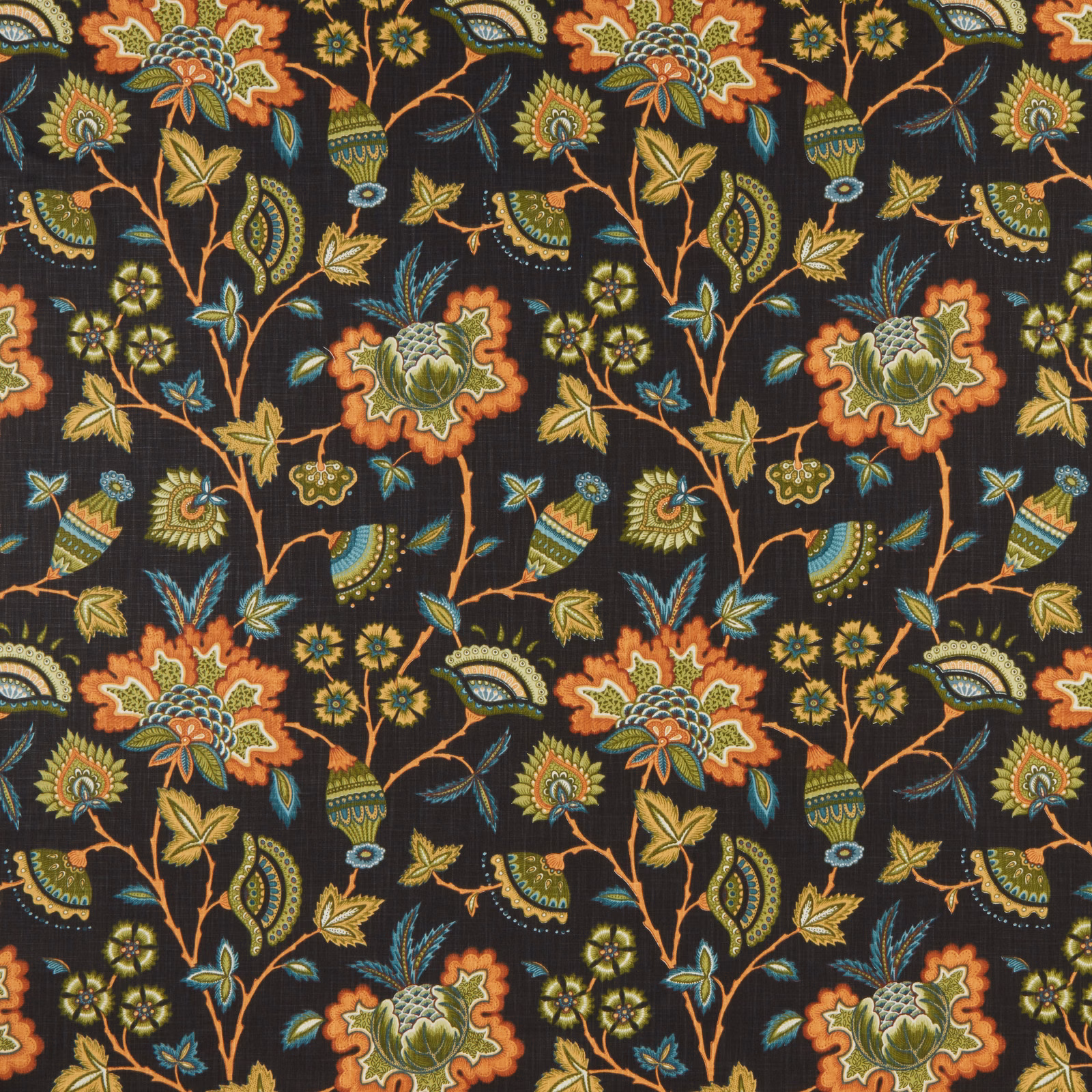 Dark floral cotton fabric with teal, green and orange botanical motifs on black