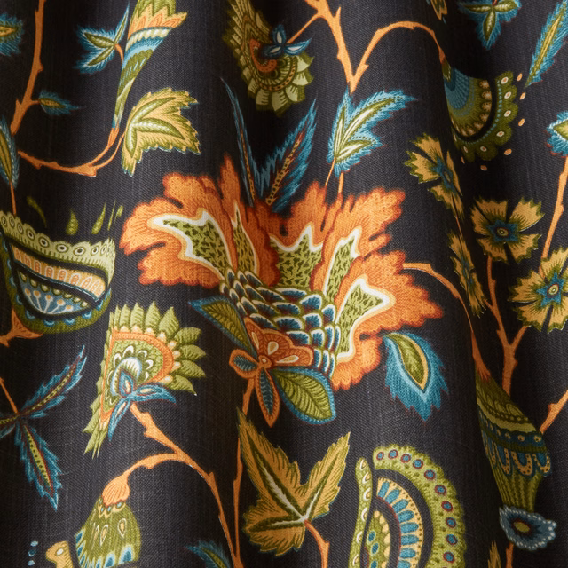 Dark cotton fabric with oversized floral print in coral, teal and olive on a black ground
