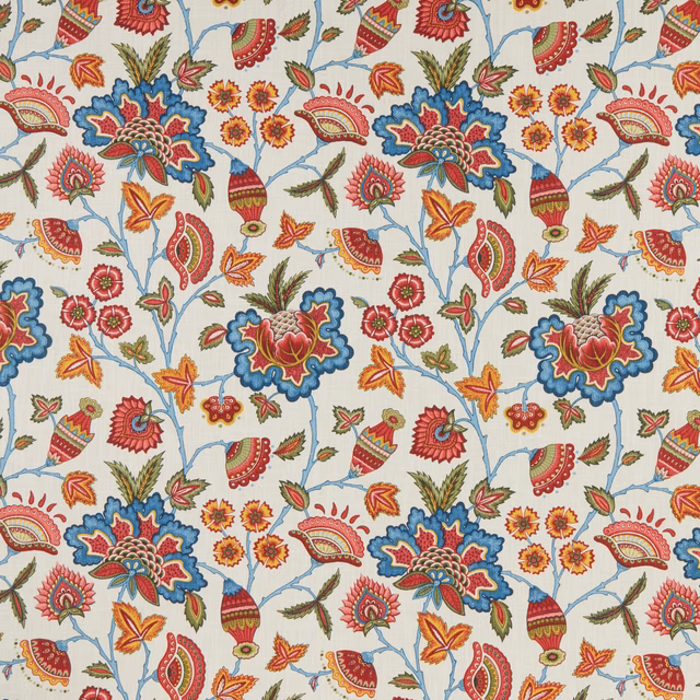 Ivory cotton fabric with colourful floral tapestry print in red, blue and yellow