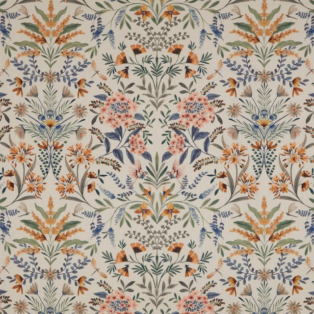 Chalk blue botanical fabric with mirrored flowers, leaves and soft floral clusters