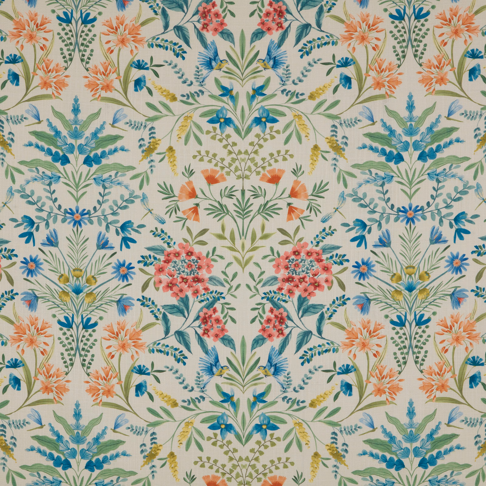 Cream floral chintz fabric with coral, blue and green mirrored botanical motifs