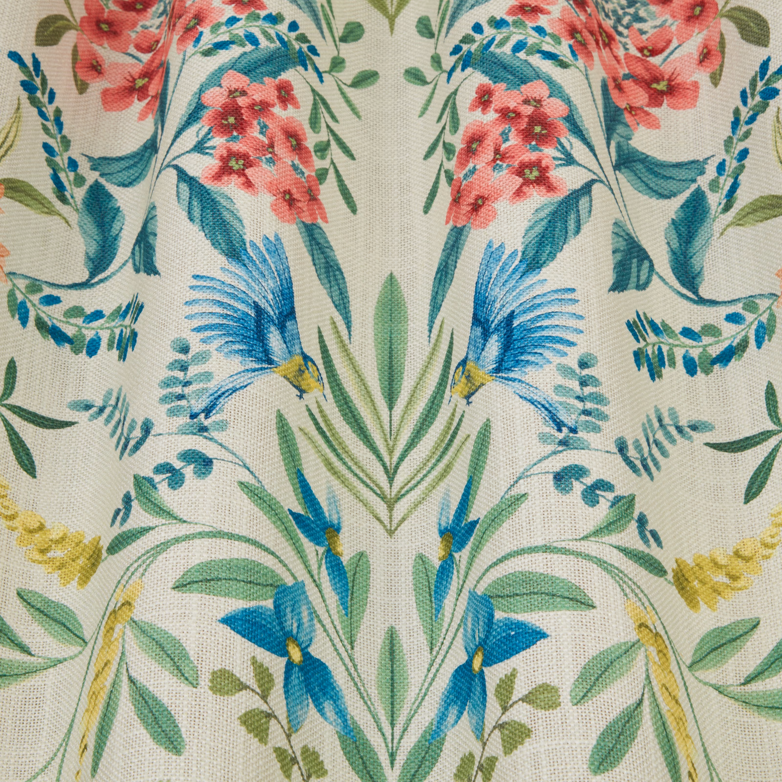 Ivory botanical fabric with teal, blue, pink and green floral motifs