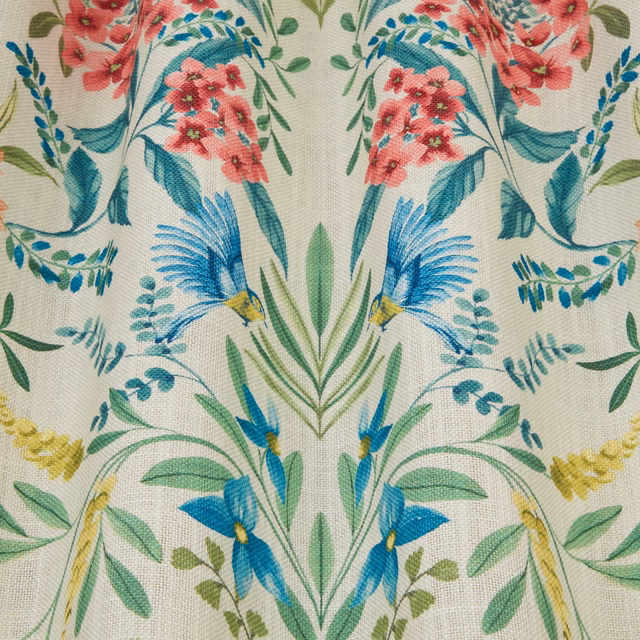 Ivory botanical fabric with teal, blue, pink and green floral motifs
