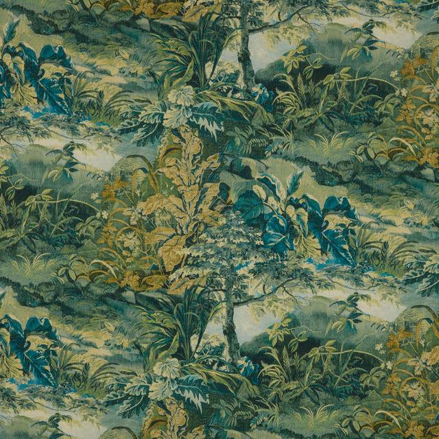 Dense tropical foliage fabric in teal, moss and gold with painterly canopy repeat