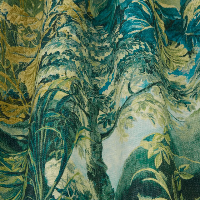 Painterly teal and olive botanical fabric with flowing wavy foliage pattern