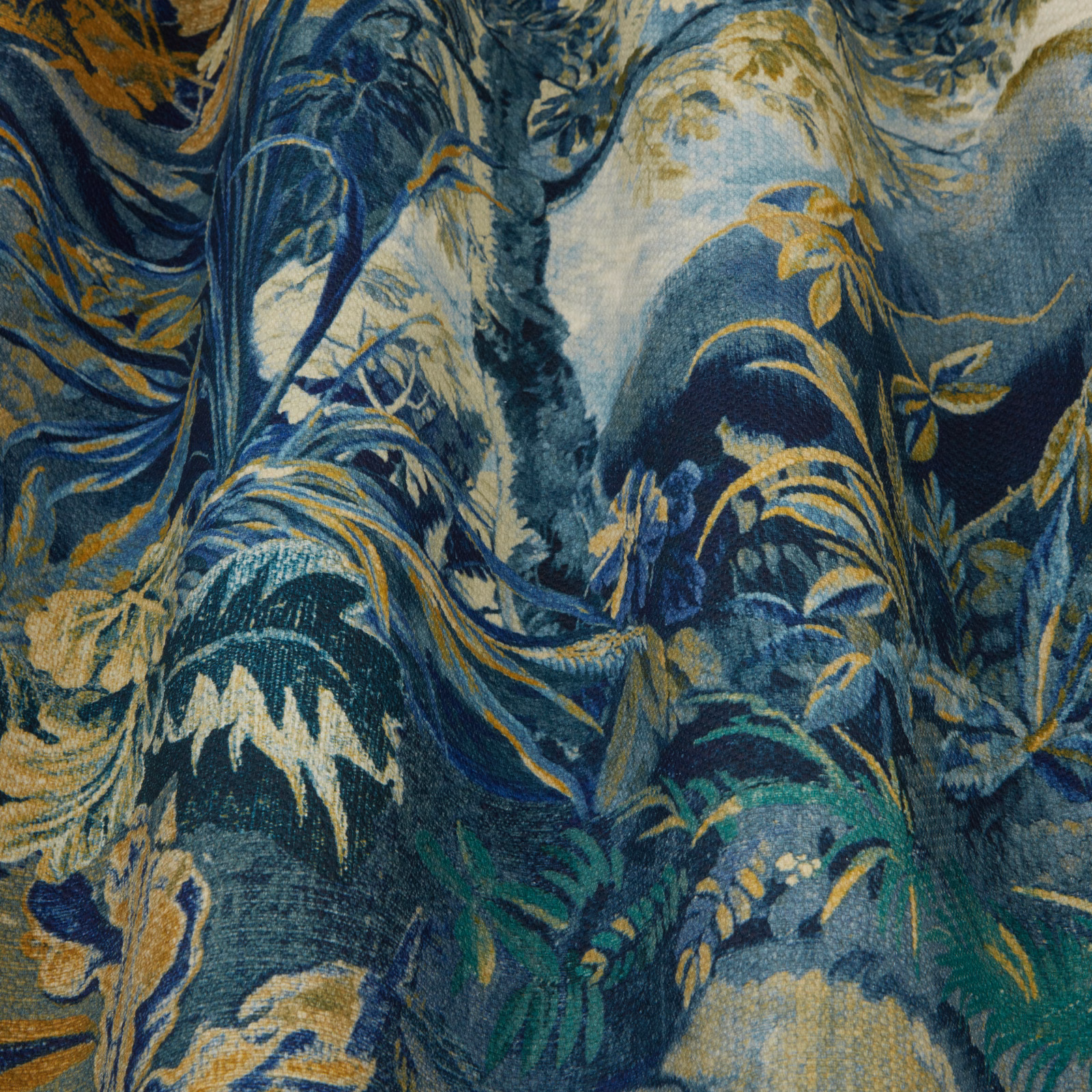 Painterly delft blue botanical fabric with ivory, teal and gold foliage