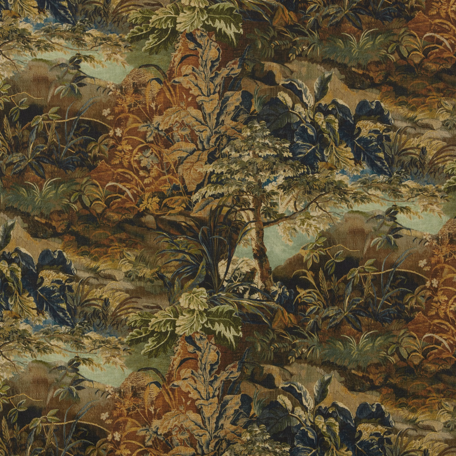 Botanical fabric swatch in forest green, teal, olive and earthy gold