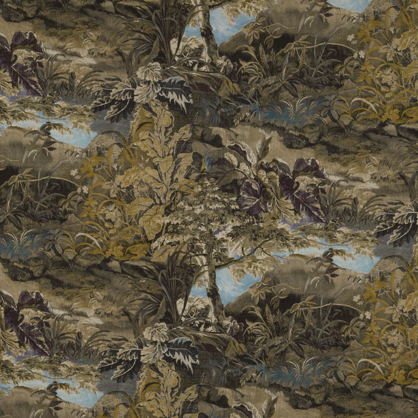 Olive botanical fabric with layered foliage, blue sky gaps and shadowed leaves