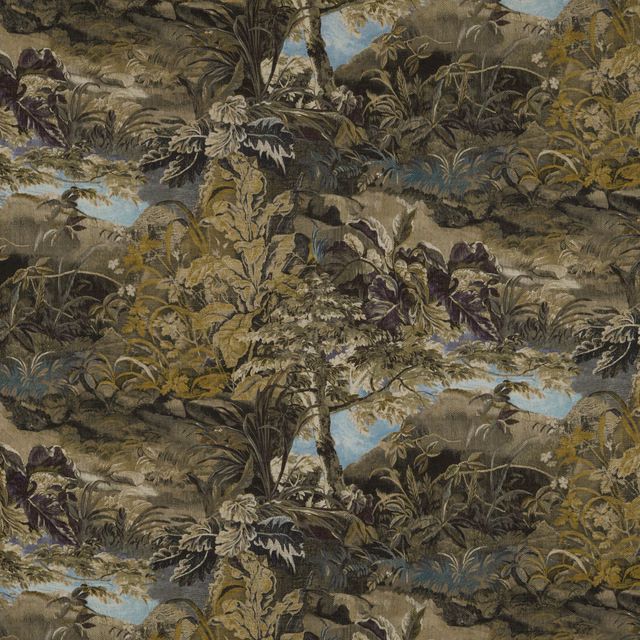 Olive botanical fabric with layered foliage, blue sky gaps and shadowed leaves