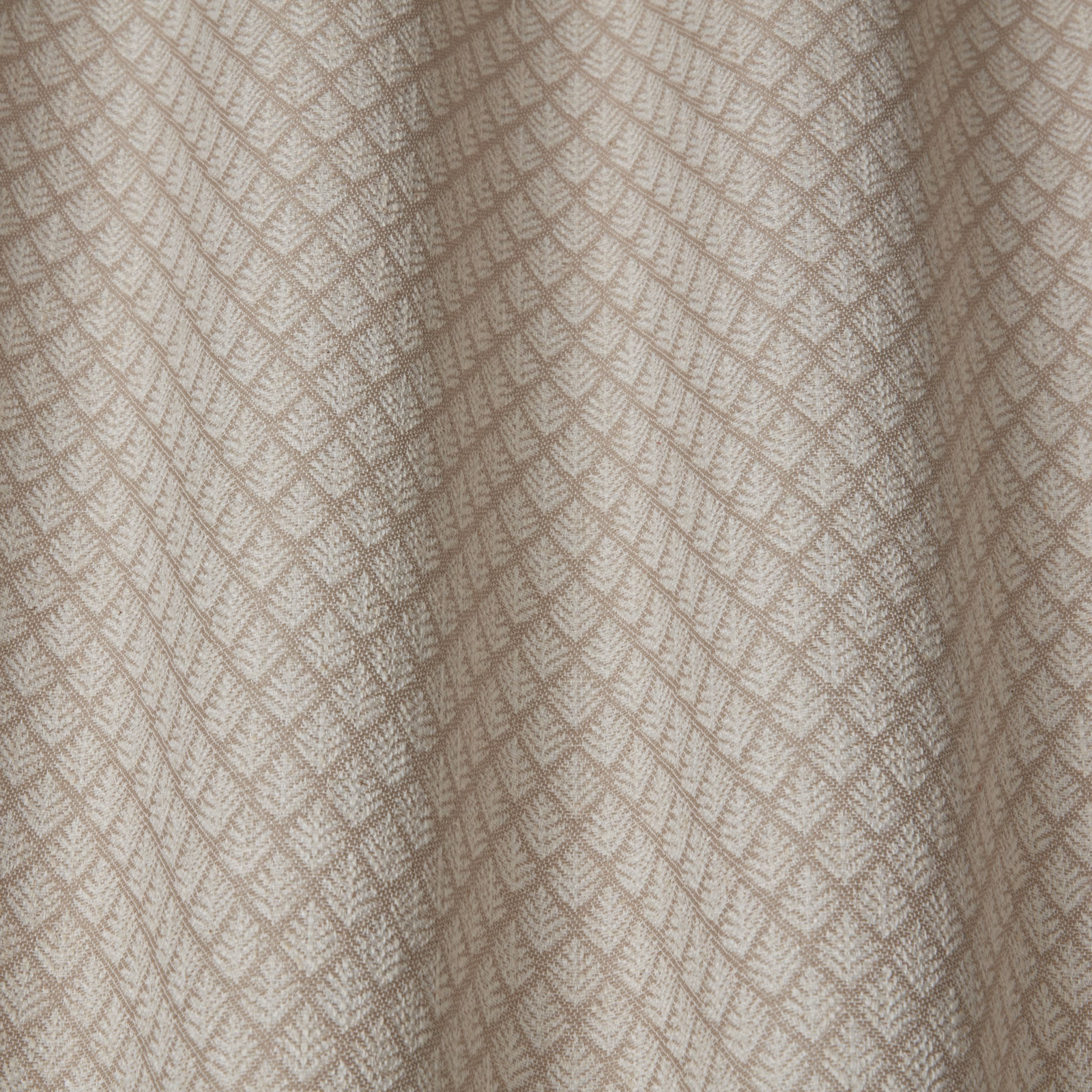 Stone beige woven fabric with a subtle chevron lattice pattern and soft textured drape