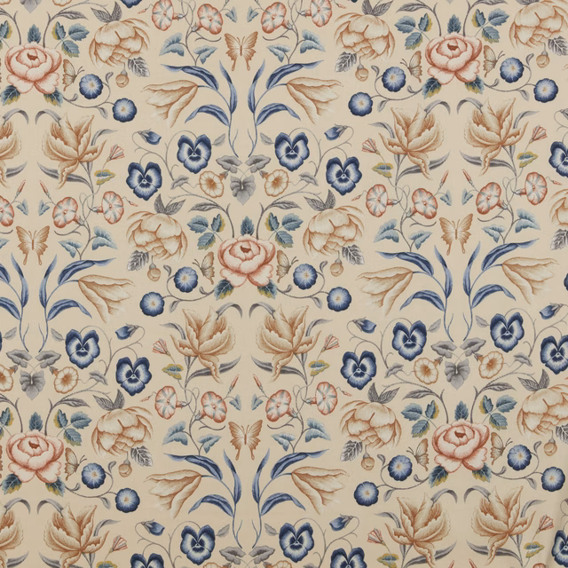 Chalk cream floral fabric with blue, blush and ochre botanical motifs