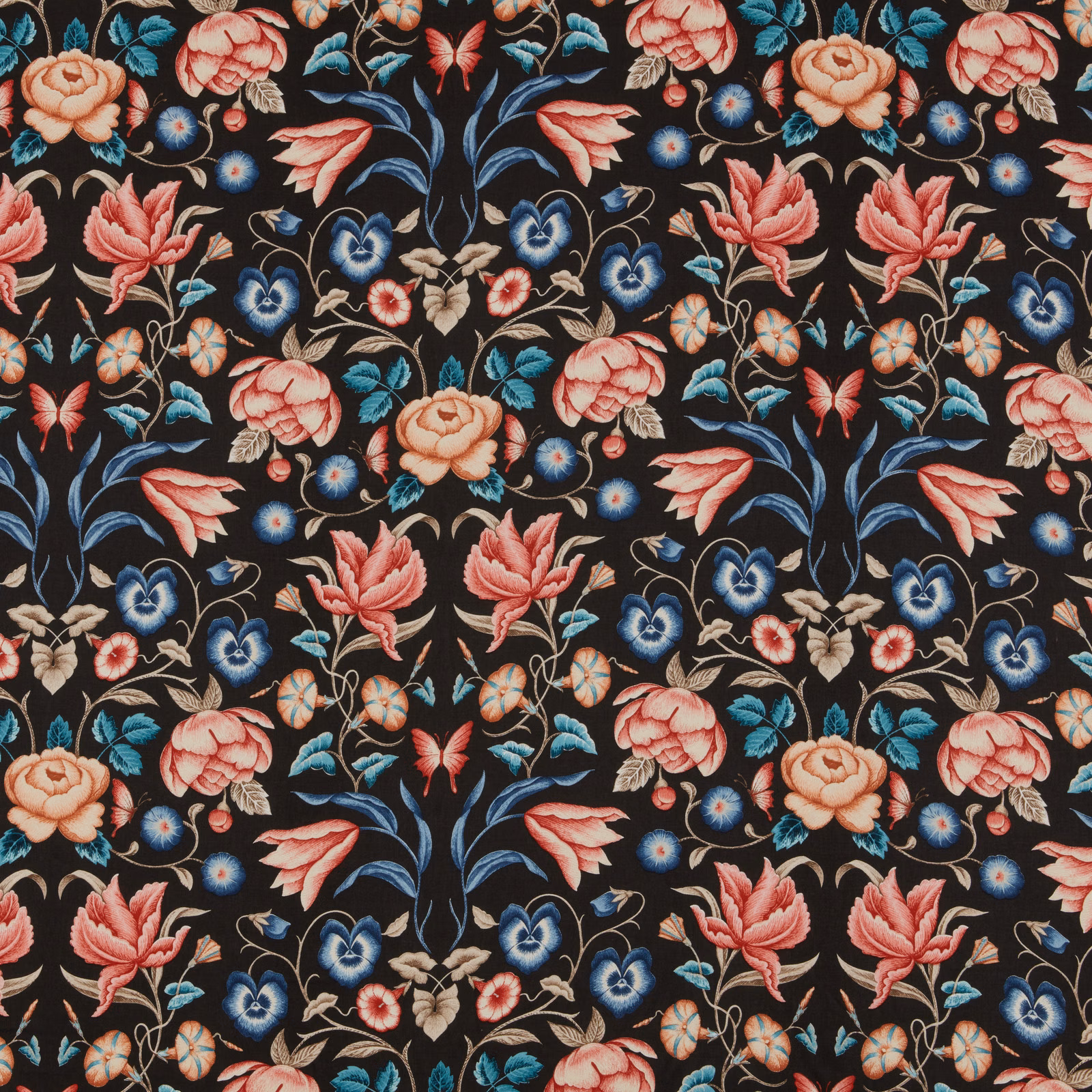 Large-scale coral and blue floral print on a black ground