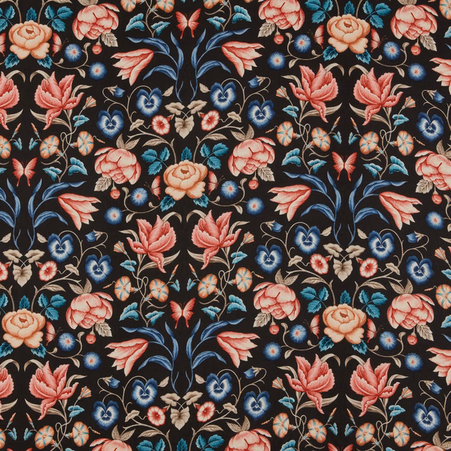 Large-scale coral and blue floral print on a black ground