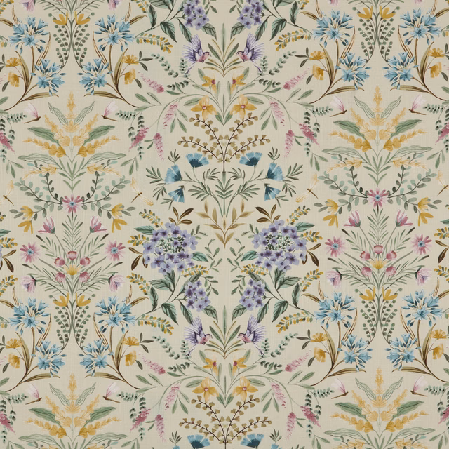 Cream floral fabric with pastel blue, lilac, pink and yellow botanical repeat