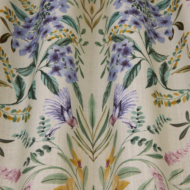 Cream botanical fabric with lilac flowers, green leaves and wavy stems