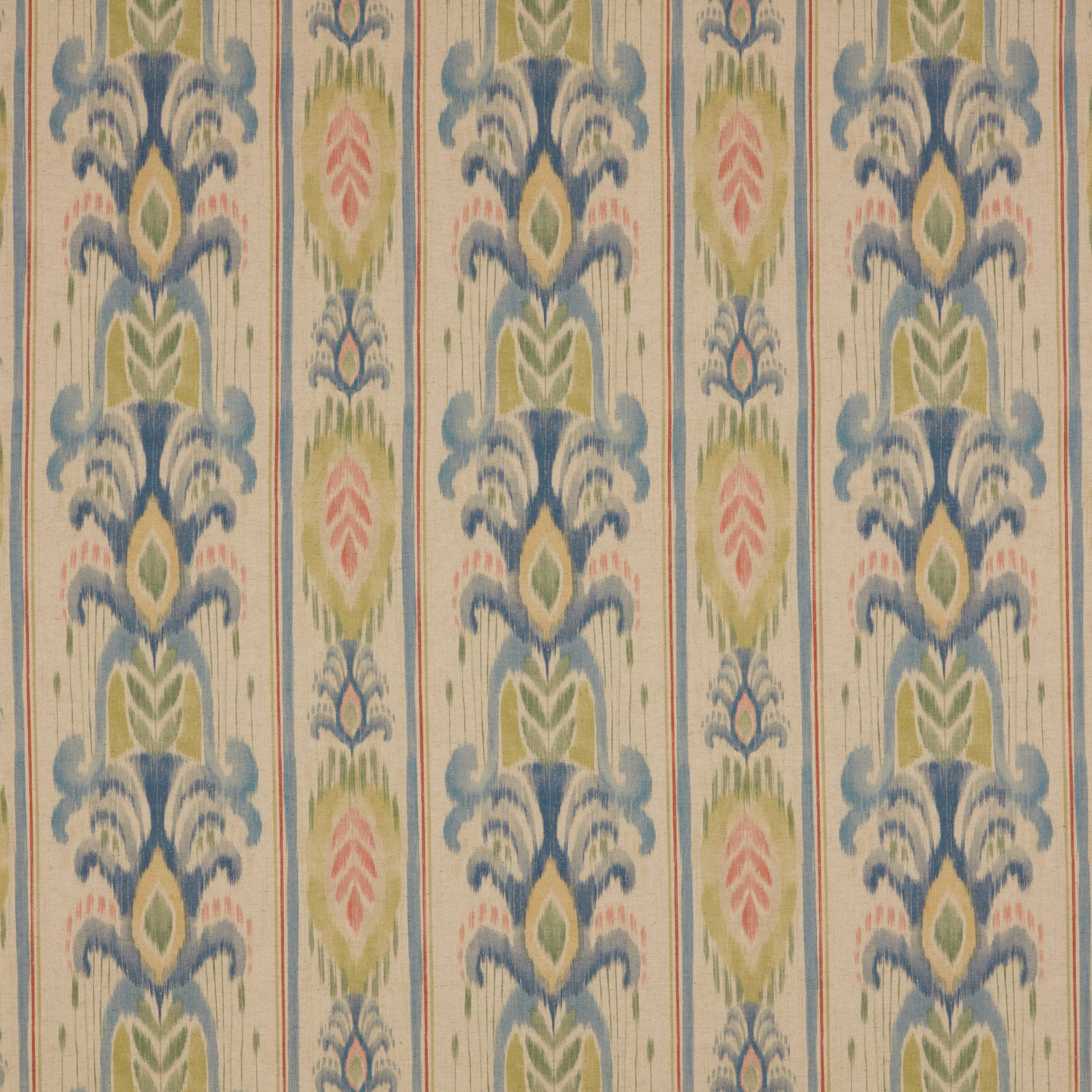 Striped batik-style fabric in cream, blue, green and blush with soft woven texture