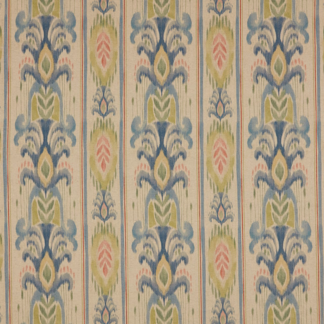 Striped batik-style fabric in cream, blue, green and blush with soft woven texture