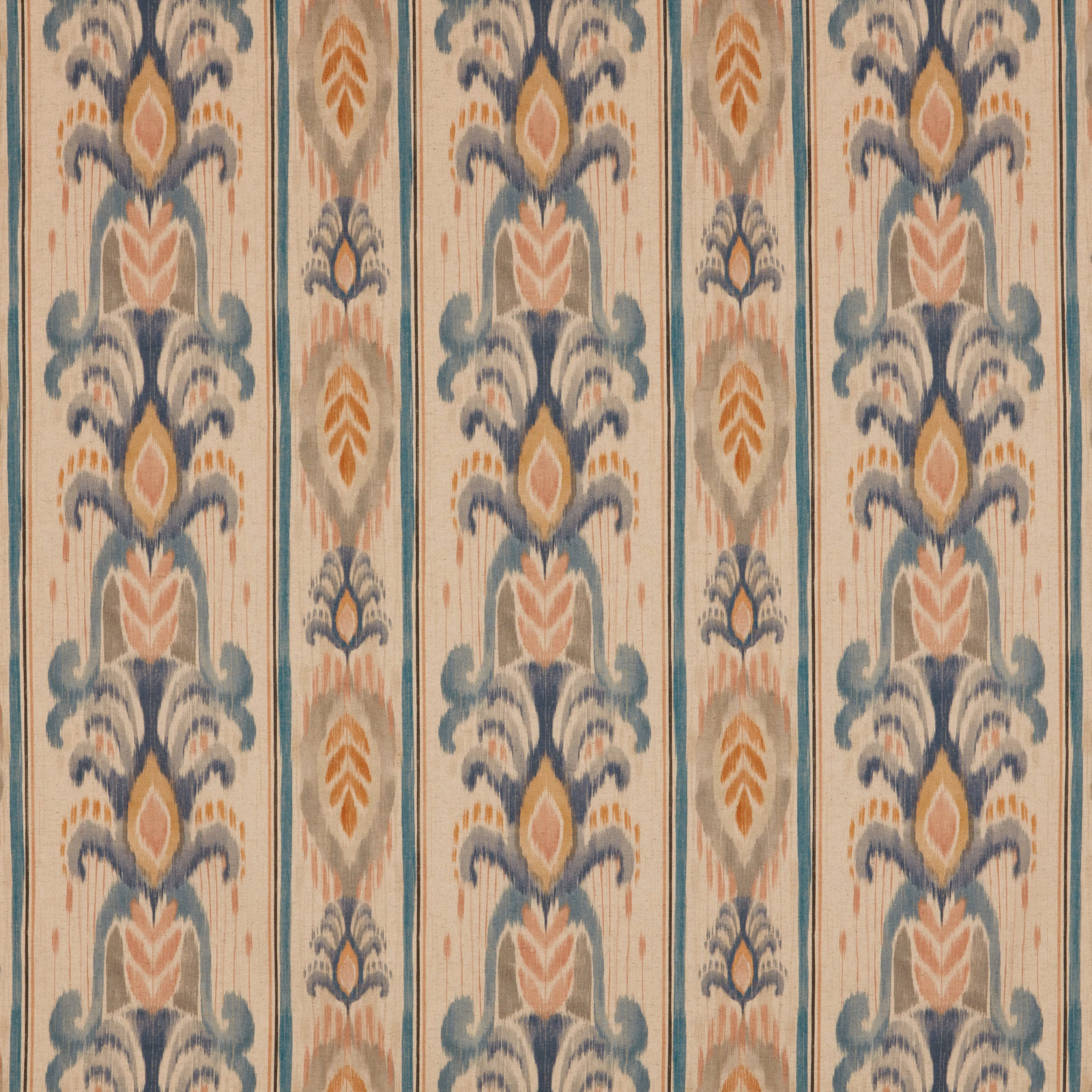 Striped fabric swatch with chalk blue foliate motifs on a pale ground