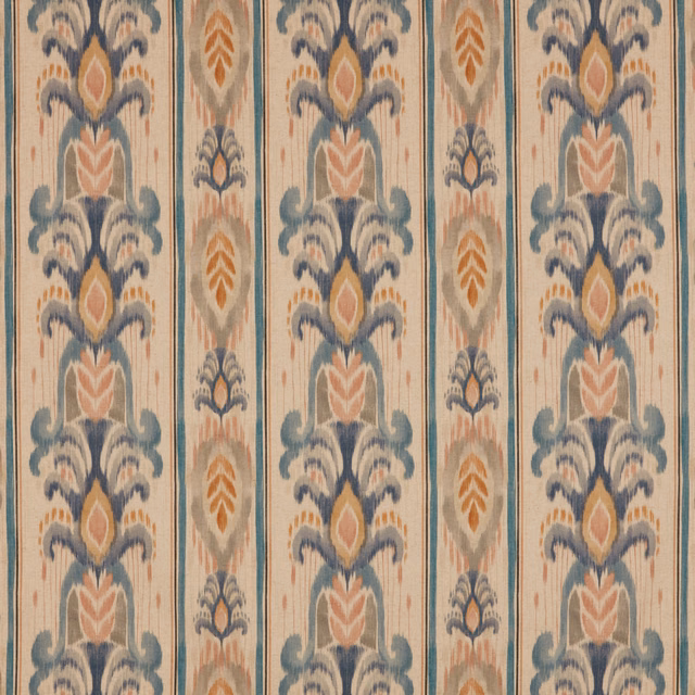 Striped fabric swatch with chalk blue foliate motifs on a pale ground
