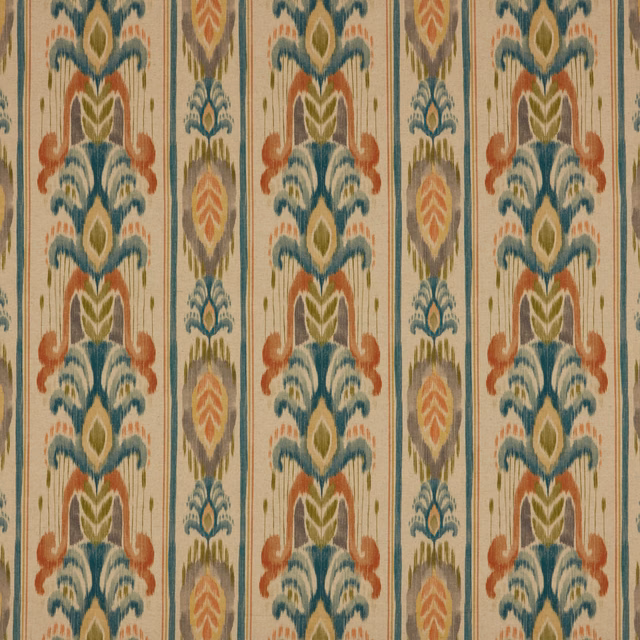 Cream fabric swatch with vertical forest green, teal, ochre and rust ornamental stripes