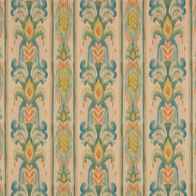 Striped jade, aqua and citrus patterned fabric on a natural ground