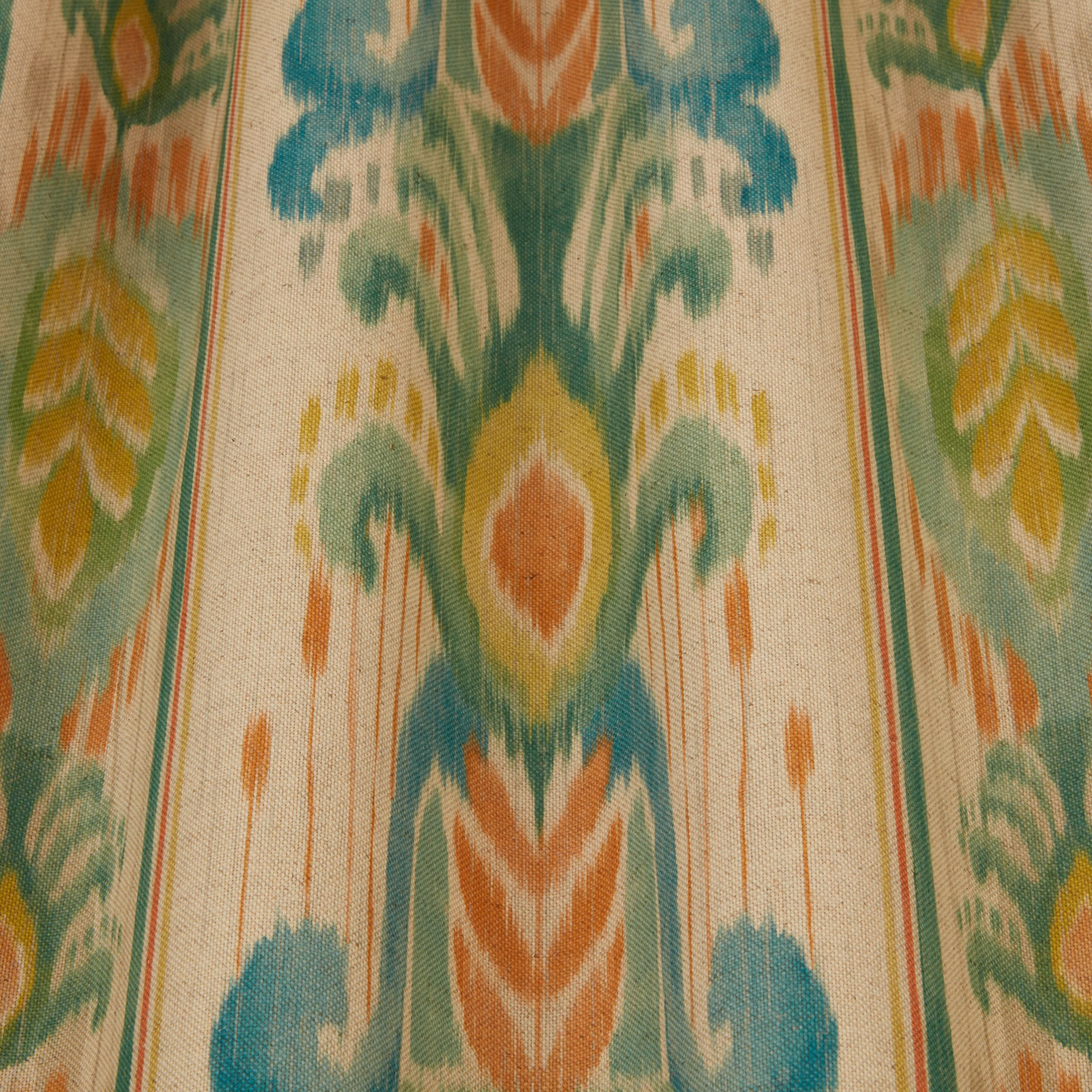 Painterly jade, cream and citrus damask fabric with large vertical motif