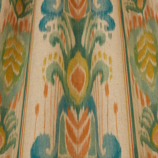 Painterly jade, cream and citrus damask fabric with large vertical motif