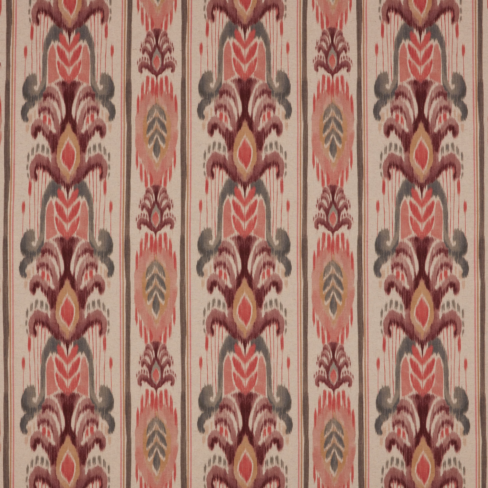 Pink and burgundy vertical stripe fabric with ikat motifs on a pale ground