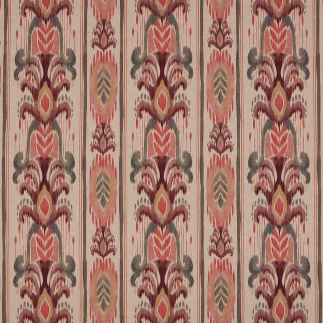 Pink and burgundy vertical stripe fabric with ikat motifs on a pale ground