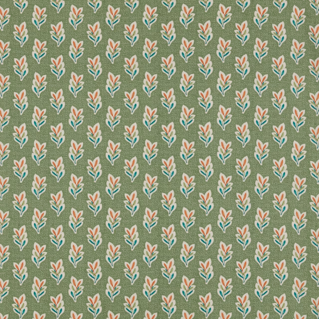 Small cream, teal and coral leaf motif on a muted sage green fabric