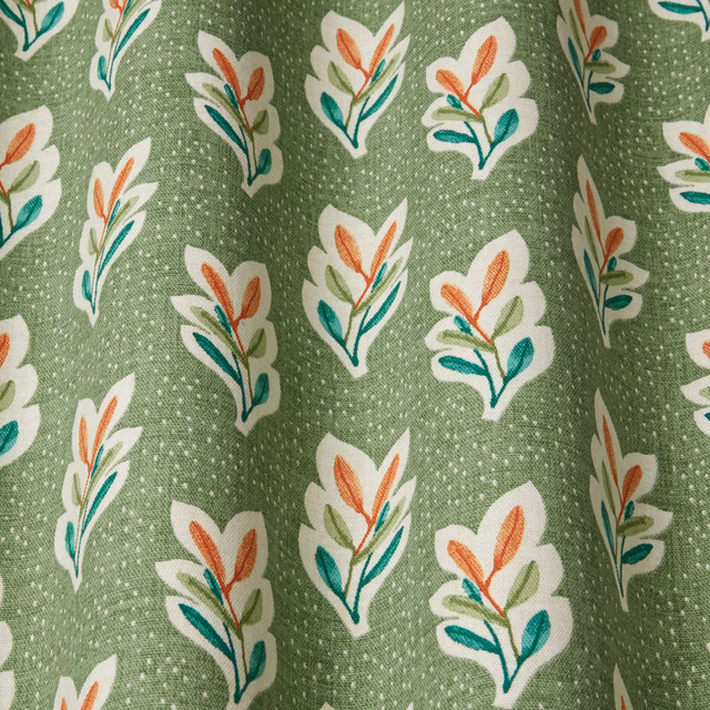 Moss green botanical fabric with cream, teal and coral leaf sprigs