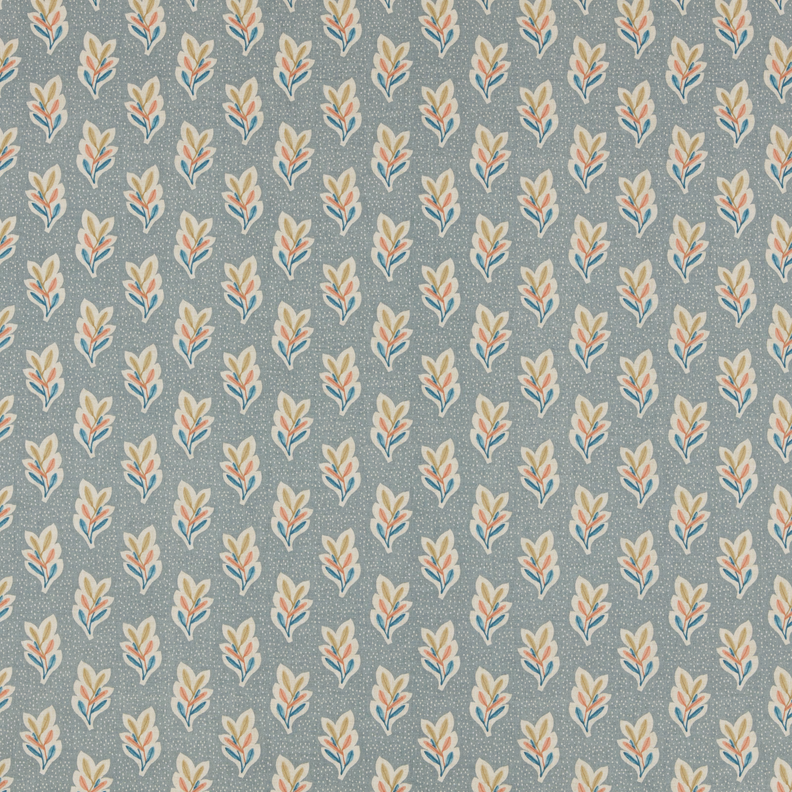 Repeated small botanical sprigs on a chalk blue-grey ground with cream, teal and coral accents