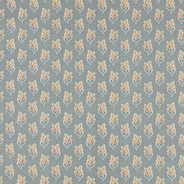Repeated small botanical sprigs on a chalk blue-grey ground with cream, teal and coral accents