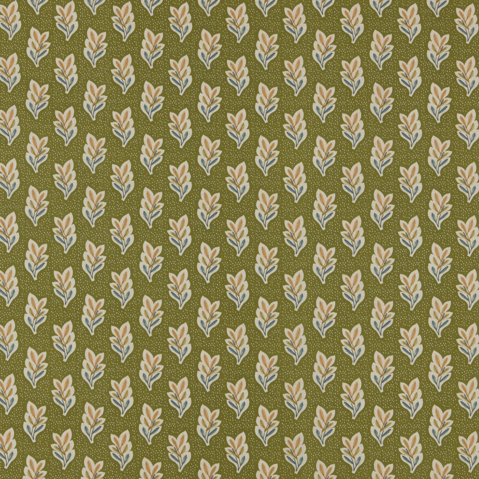 Olive green fabric with small repeating leaf sprigs in cream, blue and ochre