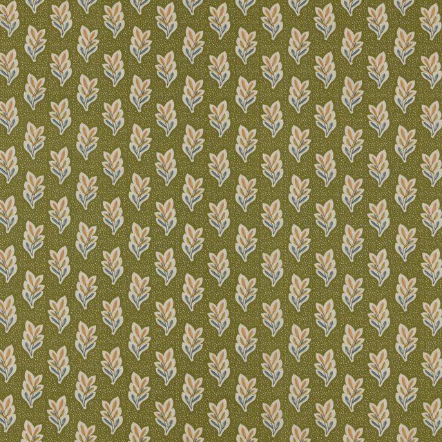 Olive green fabric with small repeating leaf sprigs in cream, blue and ochre