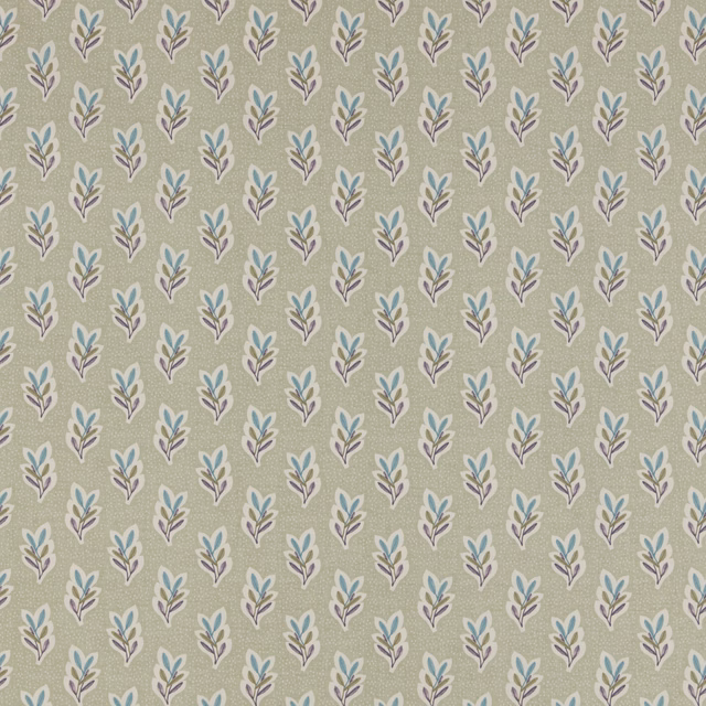 Small repeating leaf motif on a soft sage green fabric ground