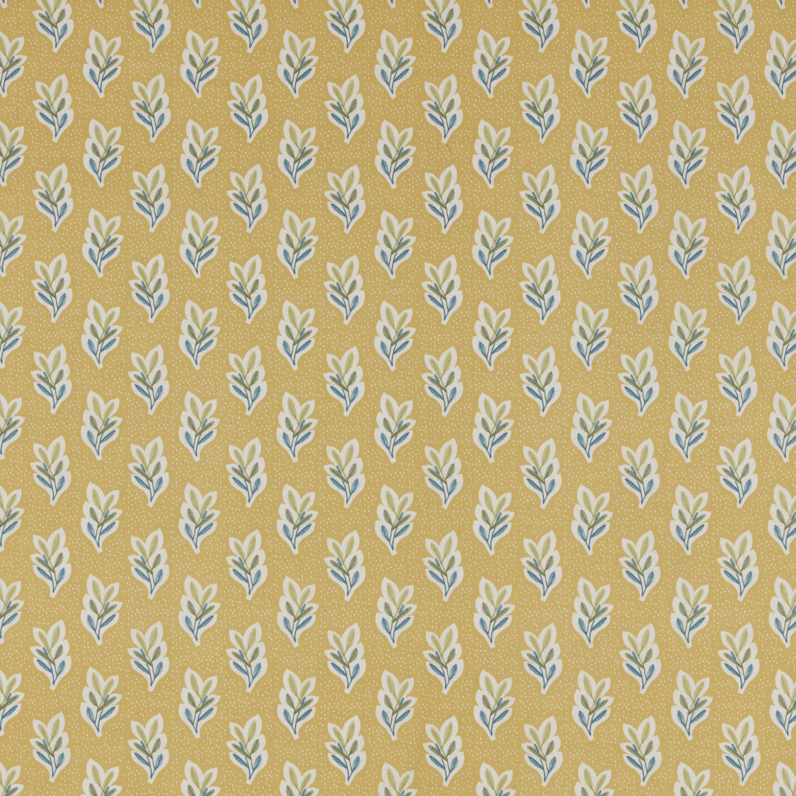 Small leaf sprig pattern on a warm quince-yellow fabric ground