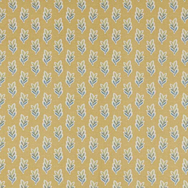 Small leaf sprig pattern on a warm quince-yellow fabric ground