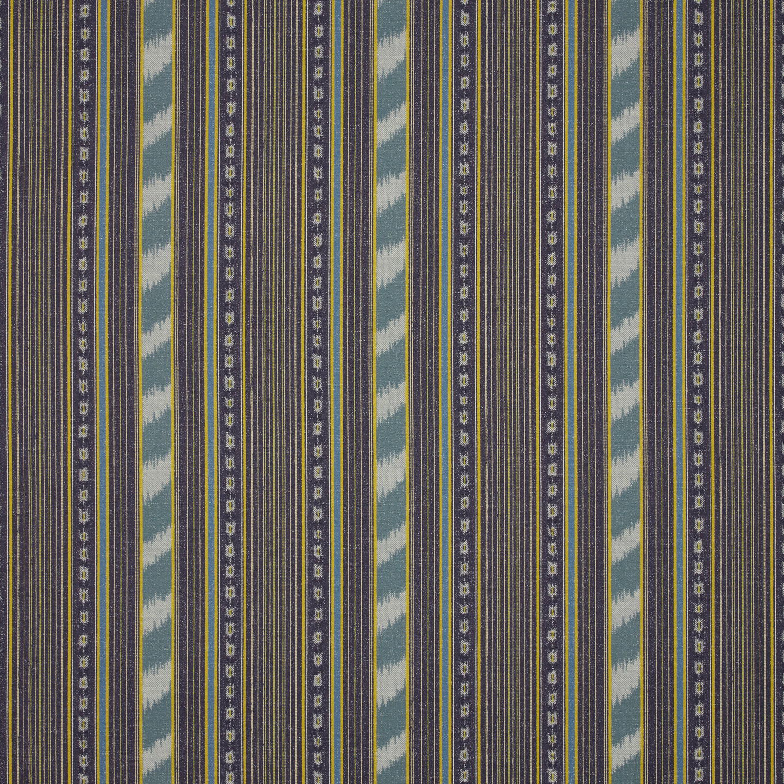Vertical delft-blue stripe fabric with cream and sage zigzag bands and fine pinstripes