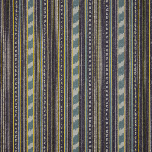 Vertical delft-blue stripe fabric with cream and sage zigzag bands and fine pinstripes